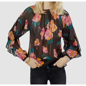 Joie Kriston Floral Print Semi Sheer Silk Blouse Caviar Color Size Large